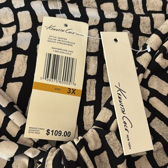 Kenneth Cole 3X Sleeveless Gathered Front Fitted Midi Dress Black Tan Print NWT - Picture 3 of 11